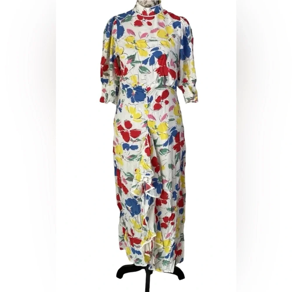 Rixo white Floral multicolored Mock Neck Cascade Ruffle Dress short sleeves sz 6 - Picture 2 of 16